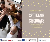 plakat "Spotkanie sieciujące" przedstawia grupę osób w okręgu podających sobie wspólnie nad głowami prawą rękę